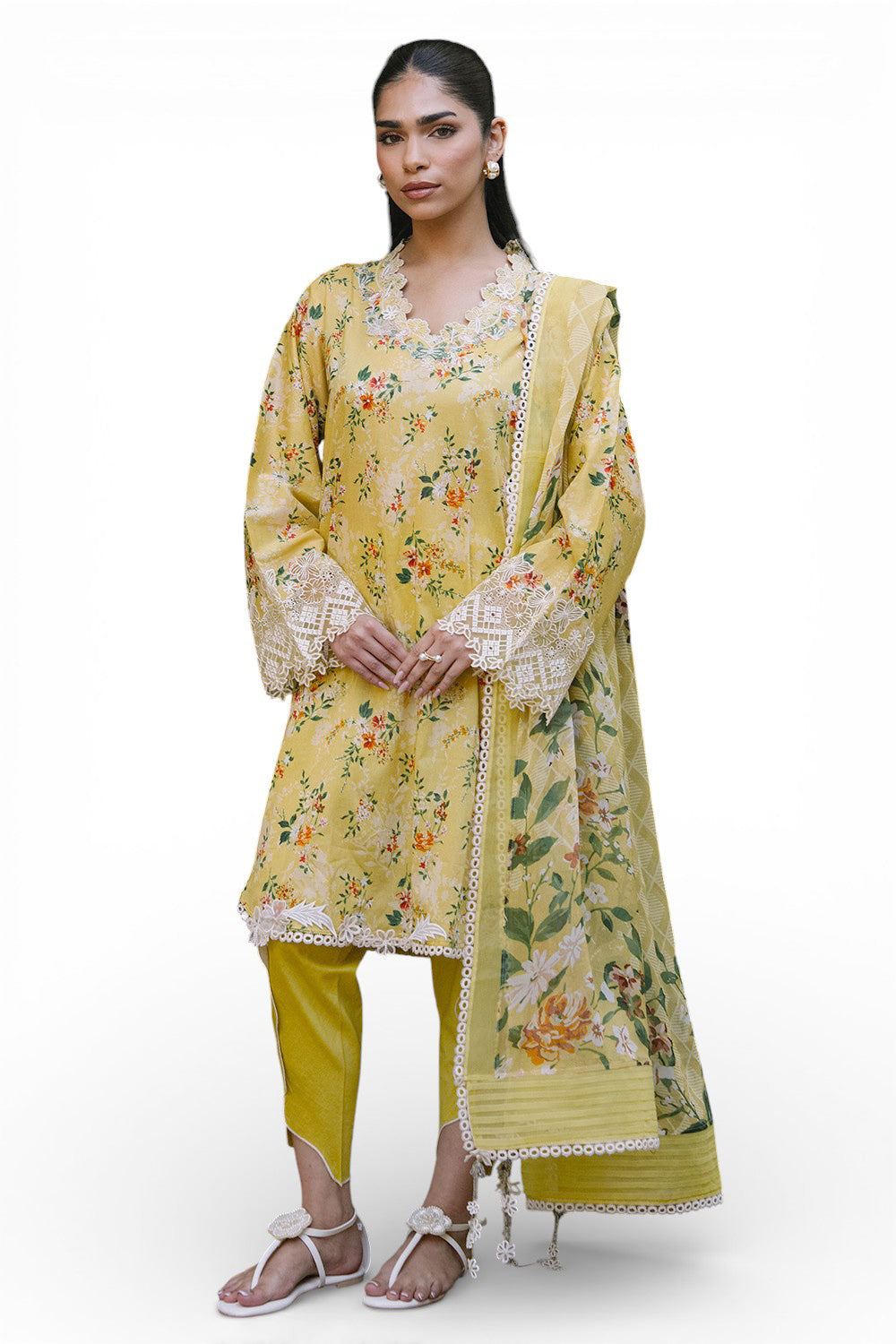 3 Piece Printed Lawn Suit with Printed Chiffon Dupatta and Embroidered Neckline