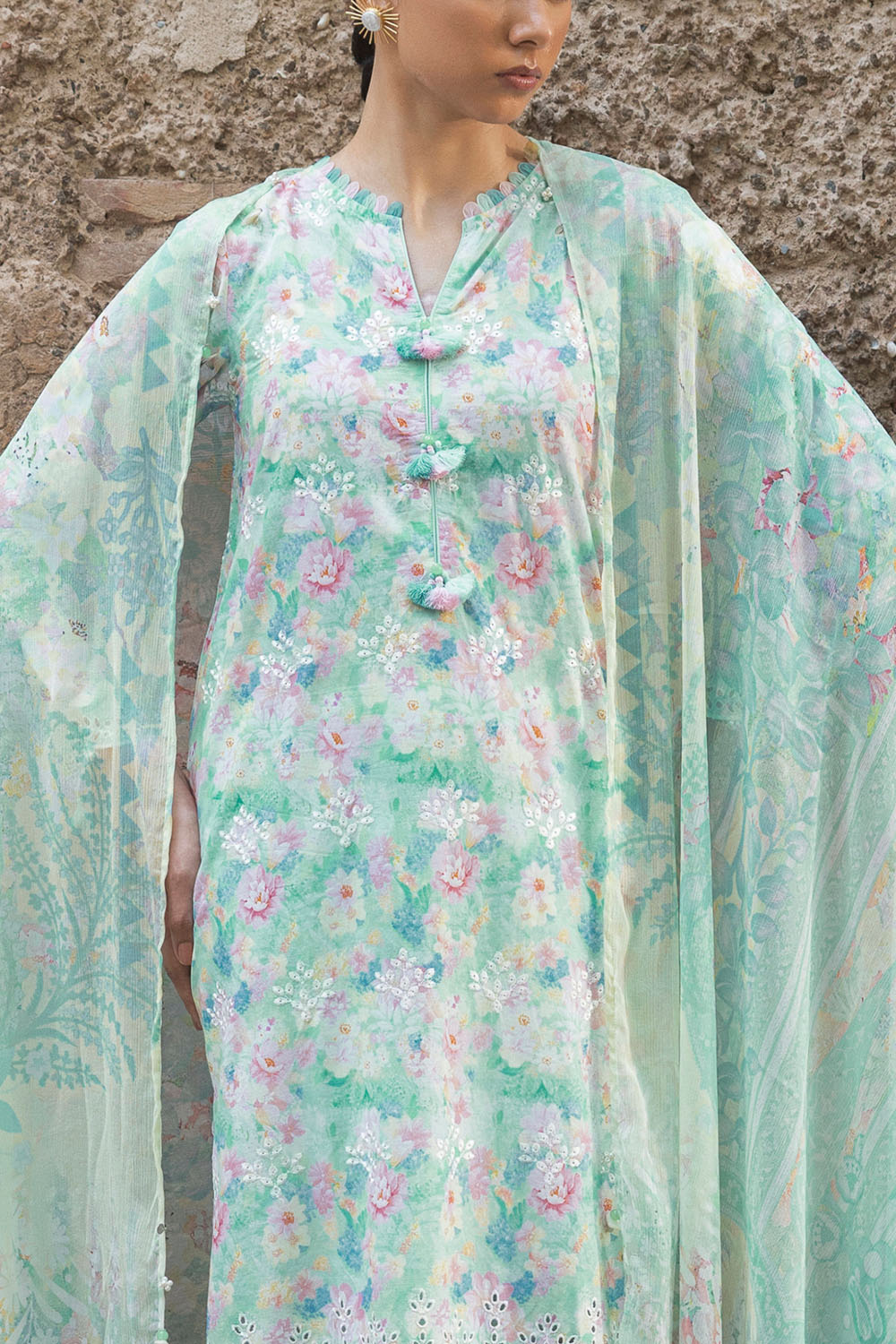 3 Piece Embroidered Printed Lawn Suit with Printed Chiffon Dupatta