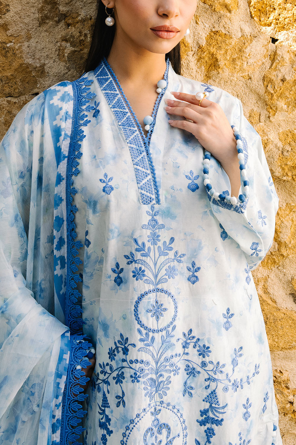 3 Piece Embroidered Printed Lawn Suit with Border and Printed Chiffon Dupatta