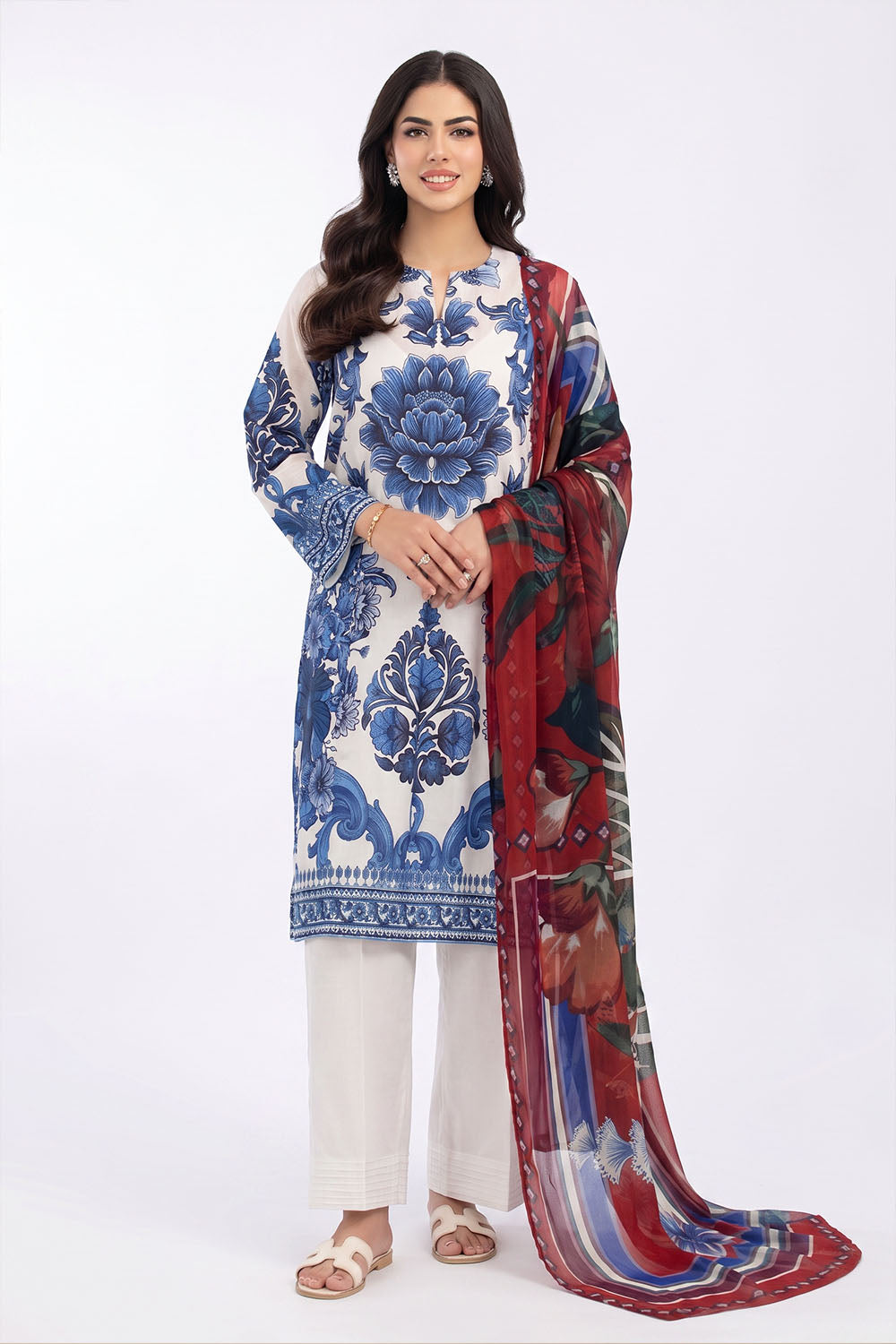3 Piece Printed Lawn Suit With Chiffon Dupatta
