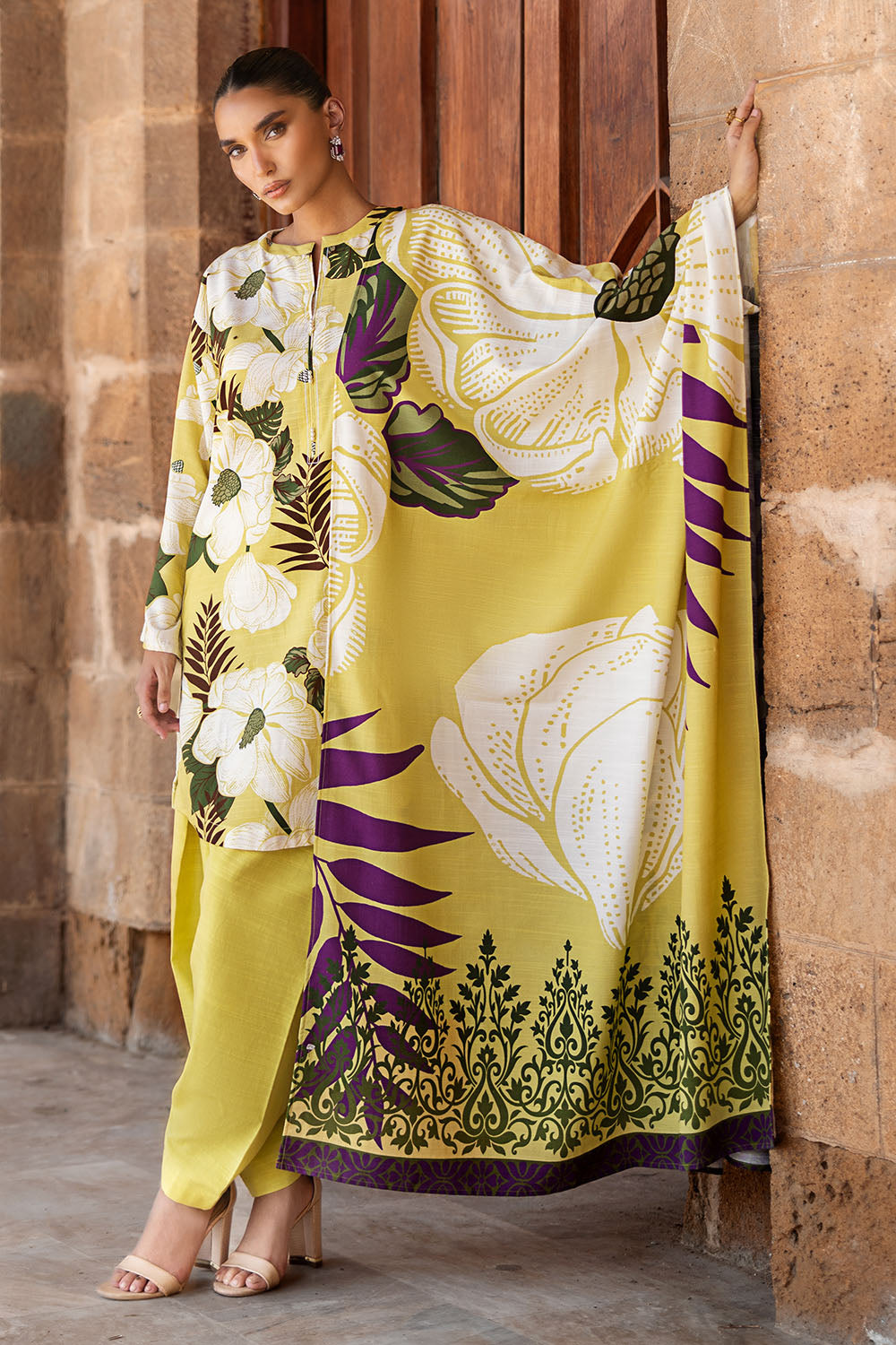 3 Piece Printed Corduroy Suit with Dupatta