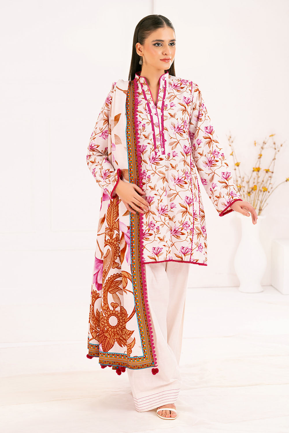 3 Piece Printed Corduroy Suit with Dupatta