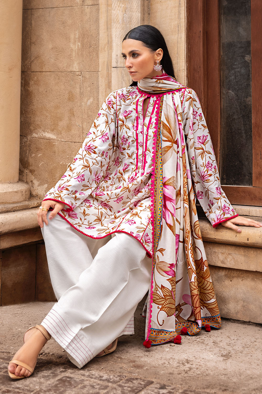 3 Piece Printed Corduroy Suit with Dupatta