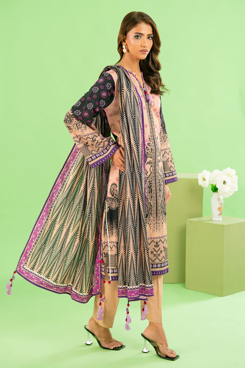 3 Piece Printed Cotton Linen Suit With Dupatta