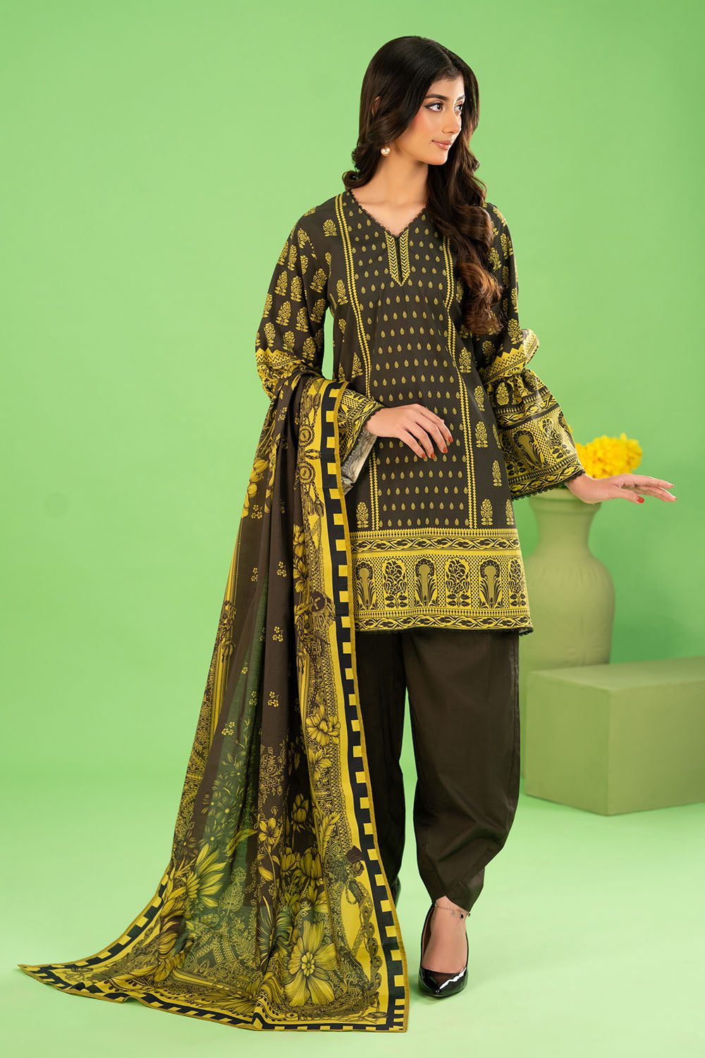 3 Piece Printed Cotton Linen Suit With Dupatta
