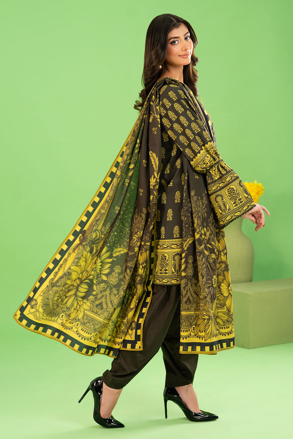 3 Piece Printed Cotton Linen Suit With Dupatta