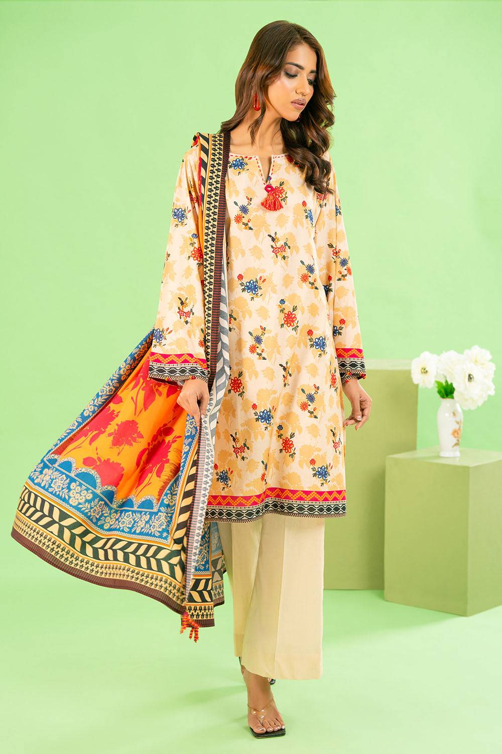 3 Piece Printed Cotton Linen Suit With Dupatta