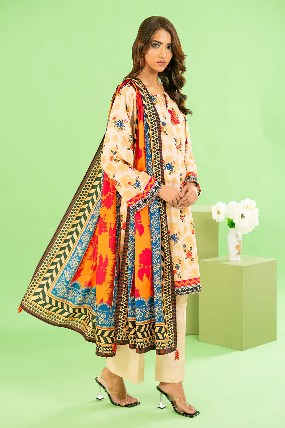 3 Piece Printed Cotton Linen Suit With Dupatta