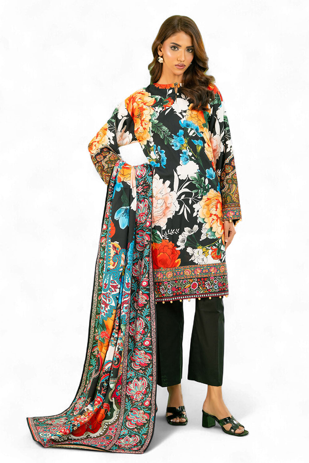 3 Piece Printed Cotton Linen Suit With Dupatta