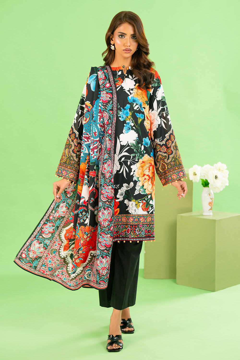 3 Piece Printed Cotton Linen Suit With Dupatta