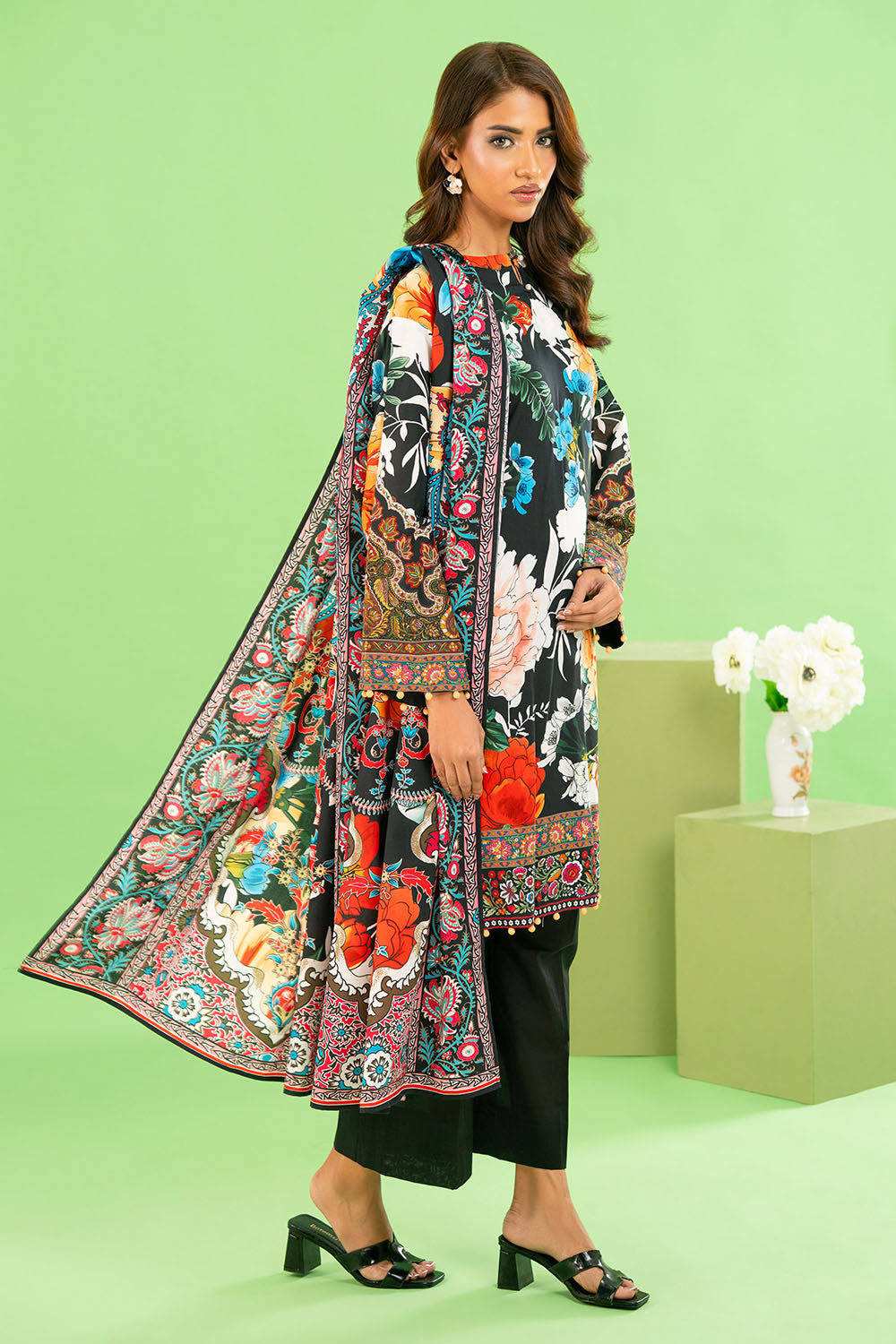 3 Piece Printed Cotton Linen Suit With Dupatta