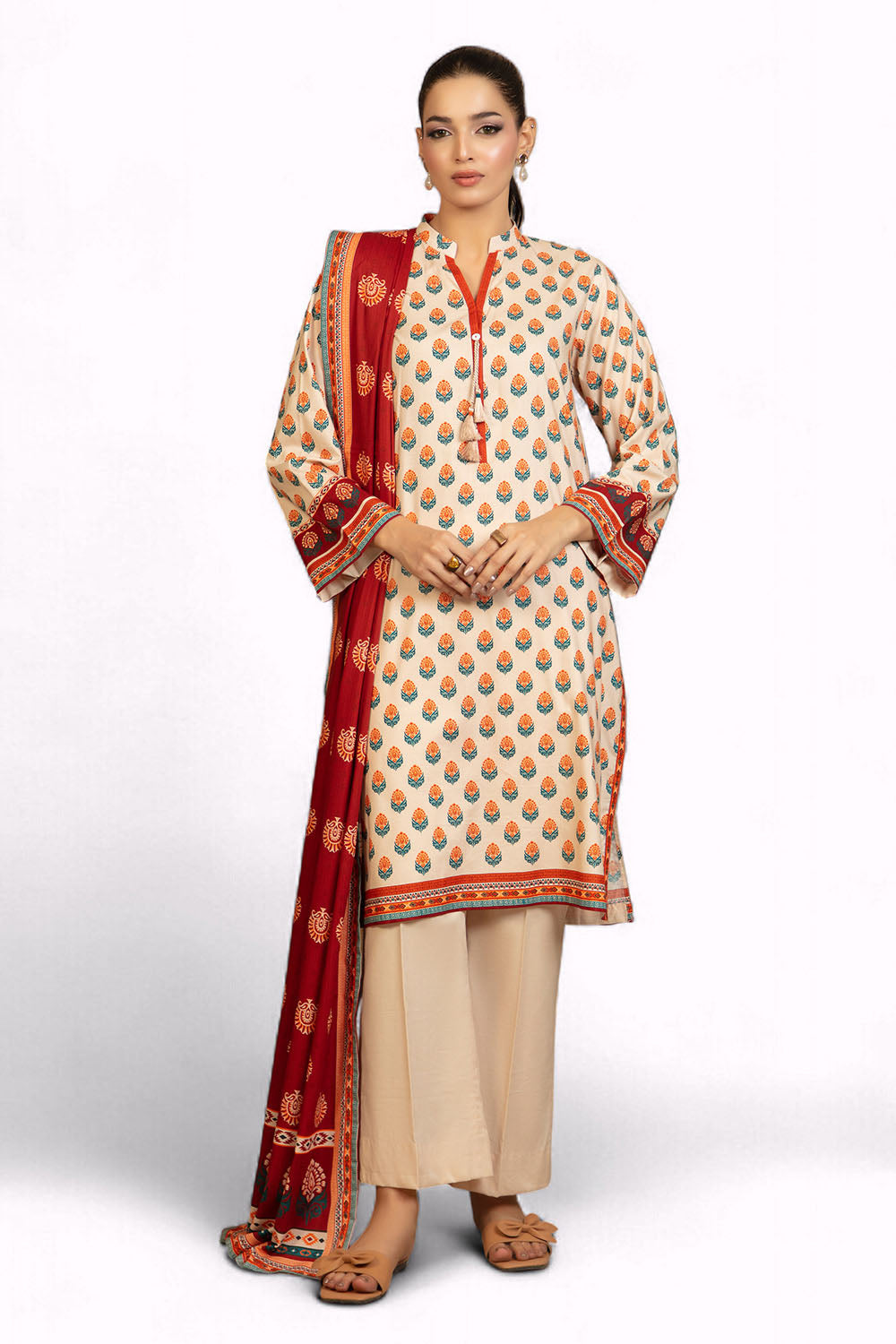 3 Piece Printed Cotton Linen Suit With Dupatta