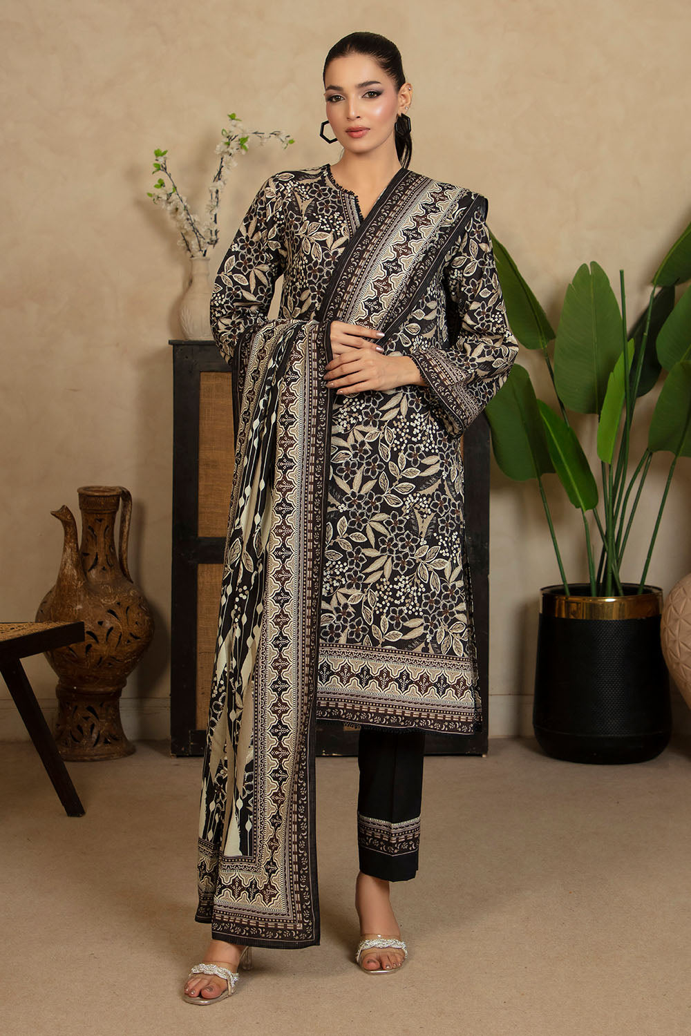 3 Piece Printed Cotton Linen Suit With Dupatta