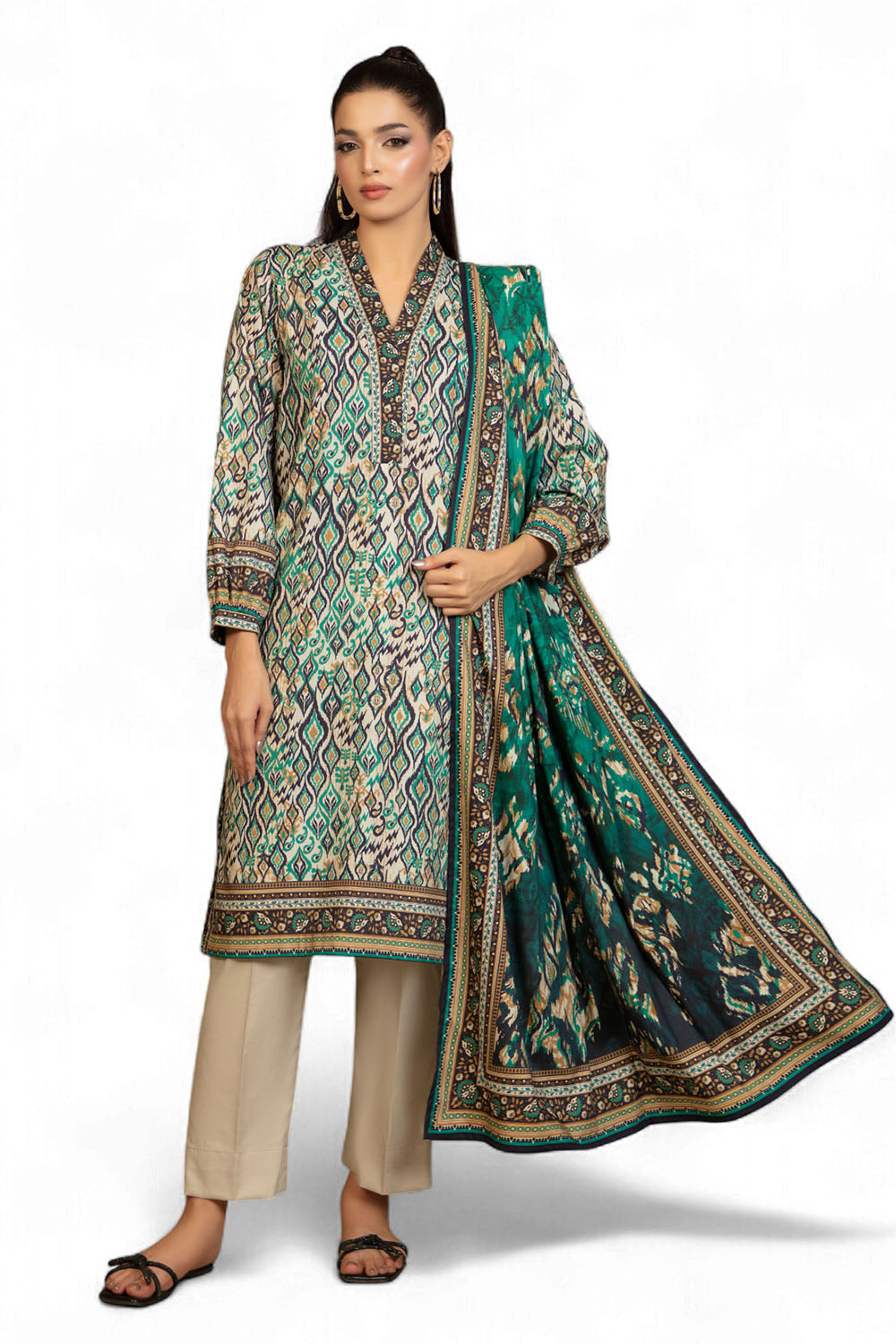 3 Piece Printed Cotton Linen Suit With Dupatta