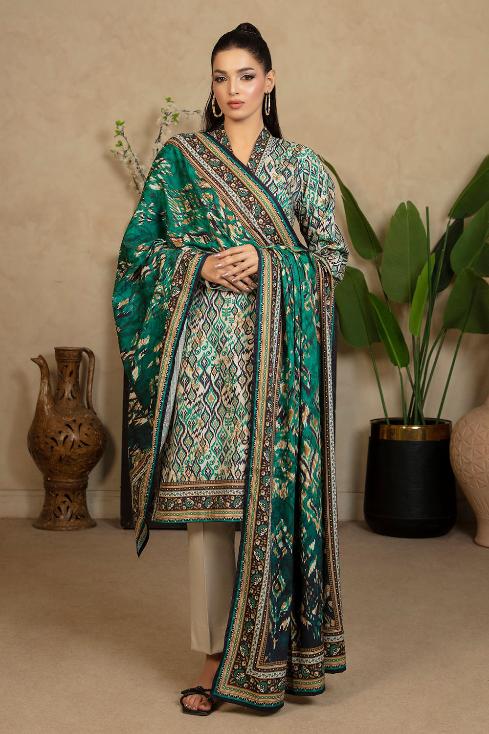 3 Piece Printed Cotton Linen Suit With Dupatta
