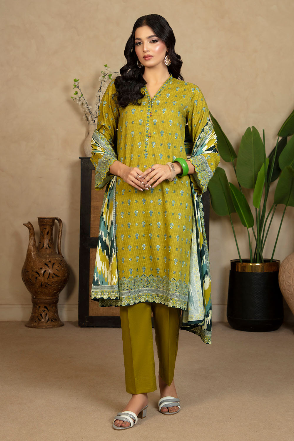 3 Piece Printed Cotton Linen Suit With Dupatta