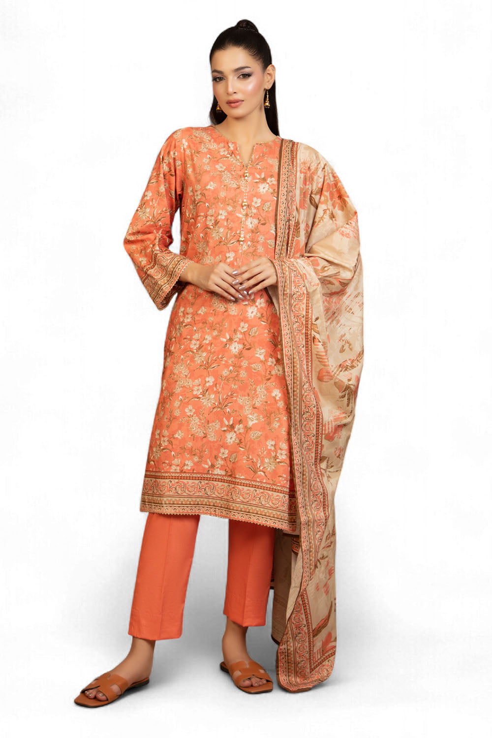 3 Piece Printed Cotton Linen Suit With Dupatta
