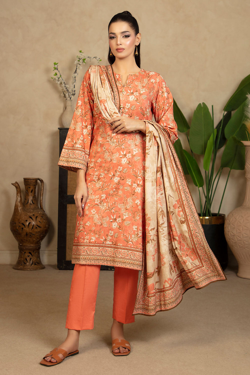 3 Piece Printed Cotton Linen Suit With Dupatta