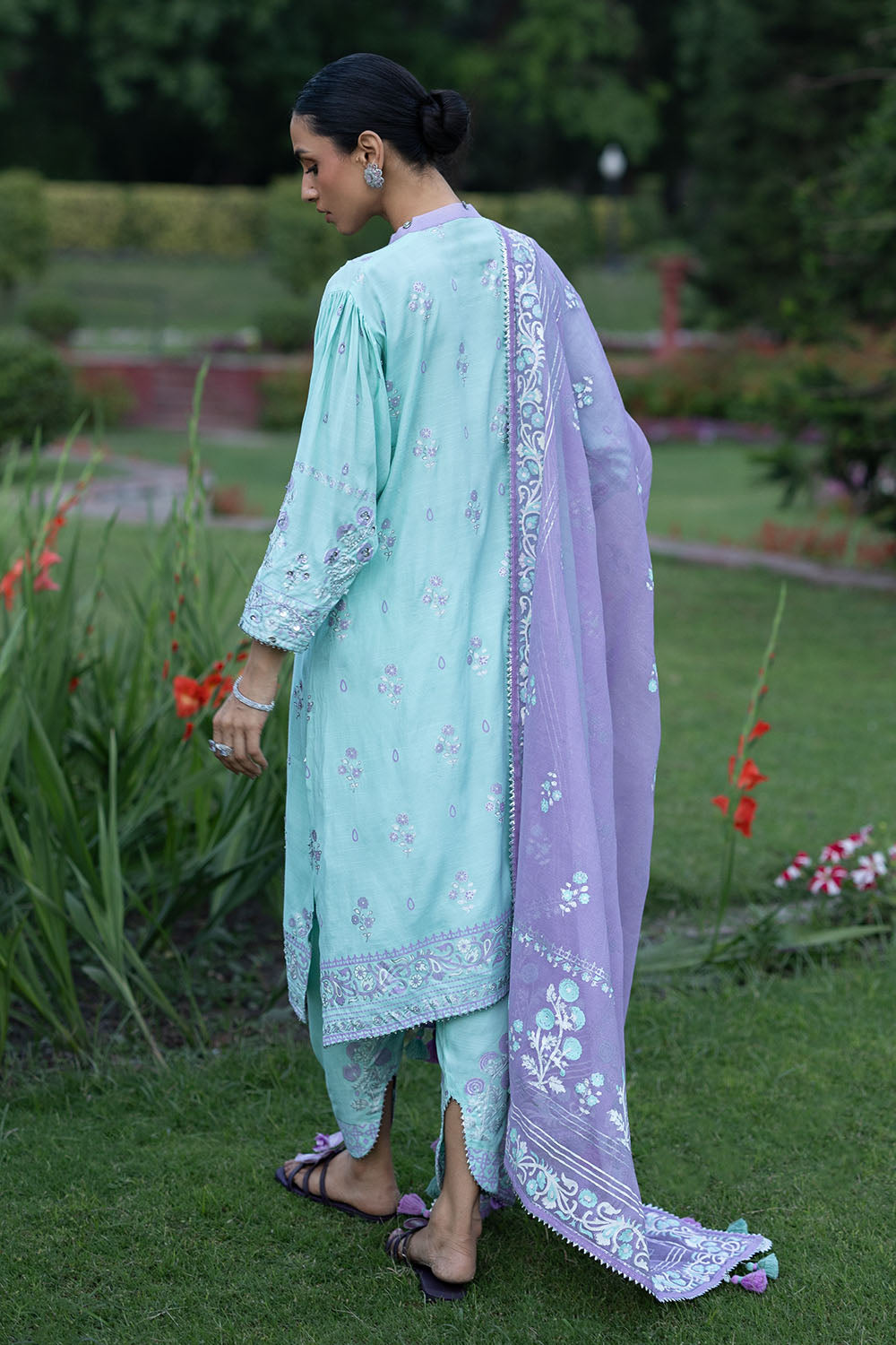 3 Piece Gold and Lacquer Printed Raw Silk Suit with Handwork Details and Gold and Lacquer Printed Cotton Net Dupatta
