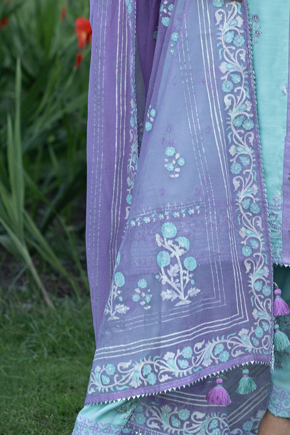 3 Piece Gold and Lacquer Printed Raw Silk Suit with Handwork Details and Gold and Lacquer Printed Cotton Net Dupatta