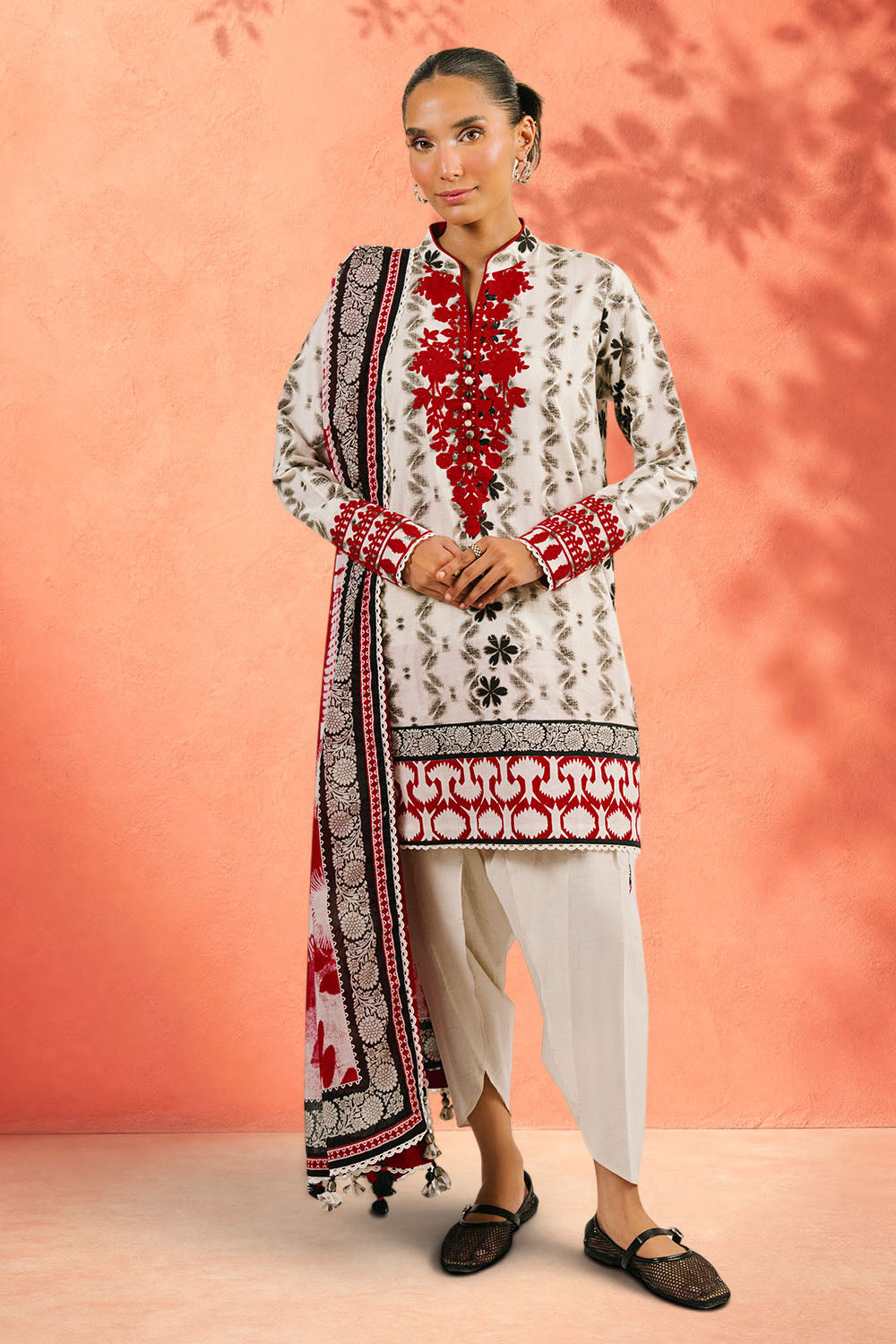 3 Piece Embroidered Printed Cotton Suit with Printed Denting Lawn Dupatta