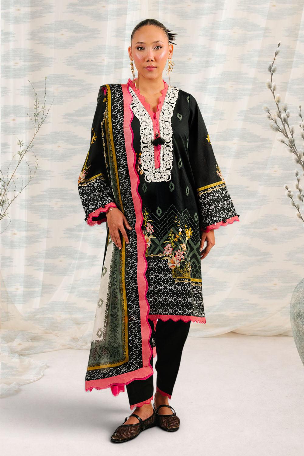 3 Piece Printed Cotton Suit with Printed Denting Lawn Dupatta and Embroidered Neckline