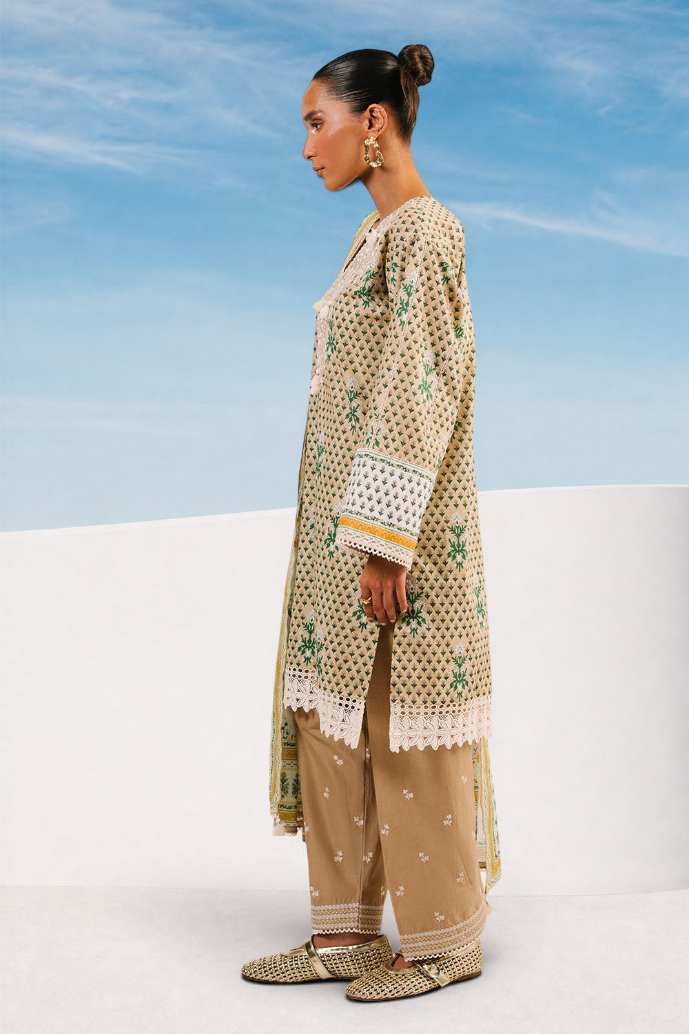 3 Piece Printed Cotton Suit with Printed Denting Lawn Dupatta and Embroidered Neckline and Embroidered Trouser