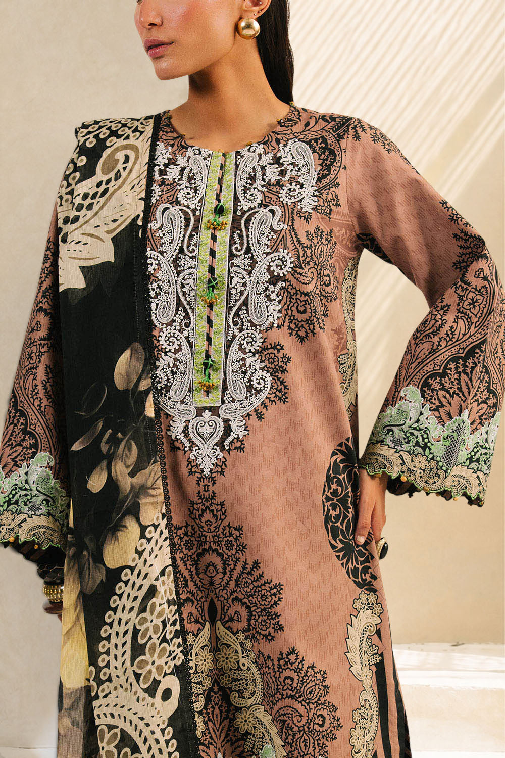 3 Piece Printed Cotton Suit with Printed Denting Lawn Dupatta and Embroidered Neckline