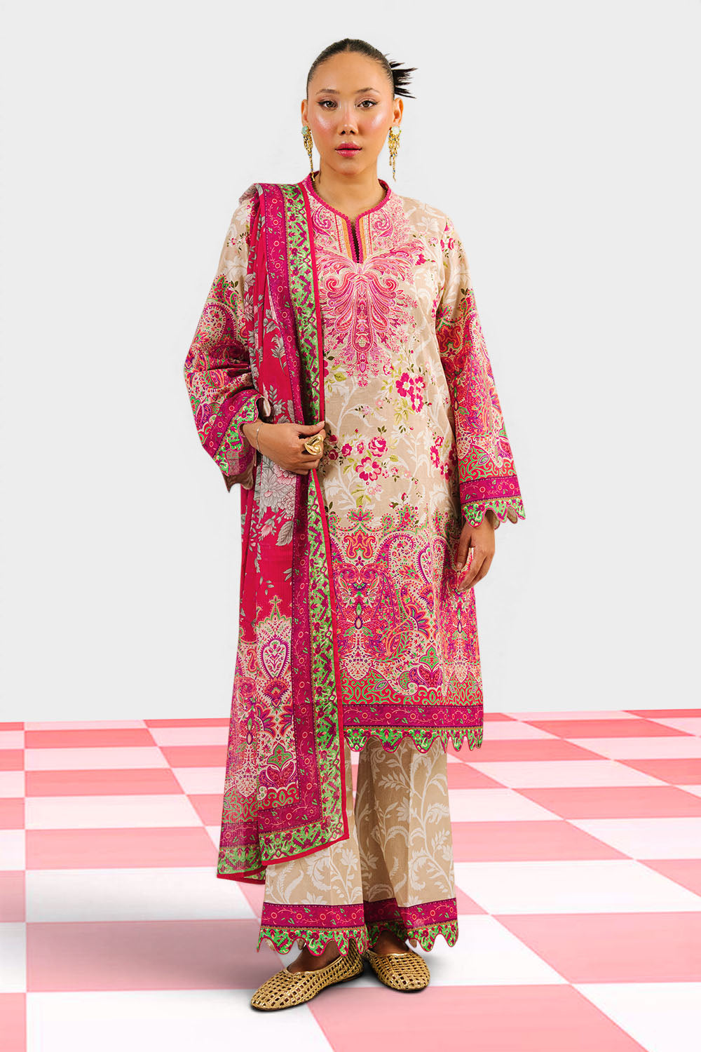 3 Piece Printed Cotton Suit with Printed Denting Lawn Dupatta and Embroidered Neckline