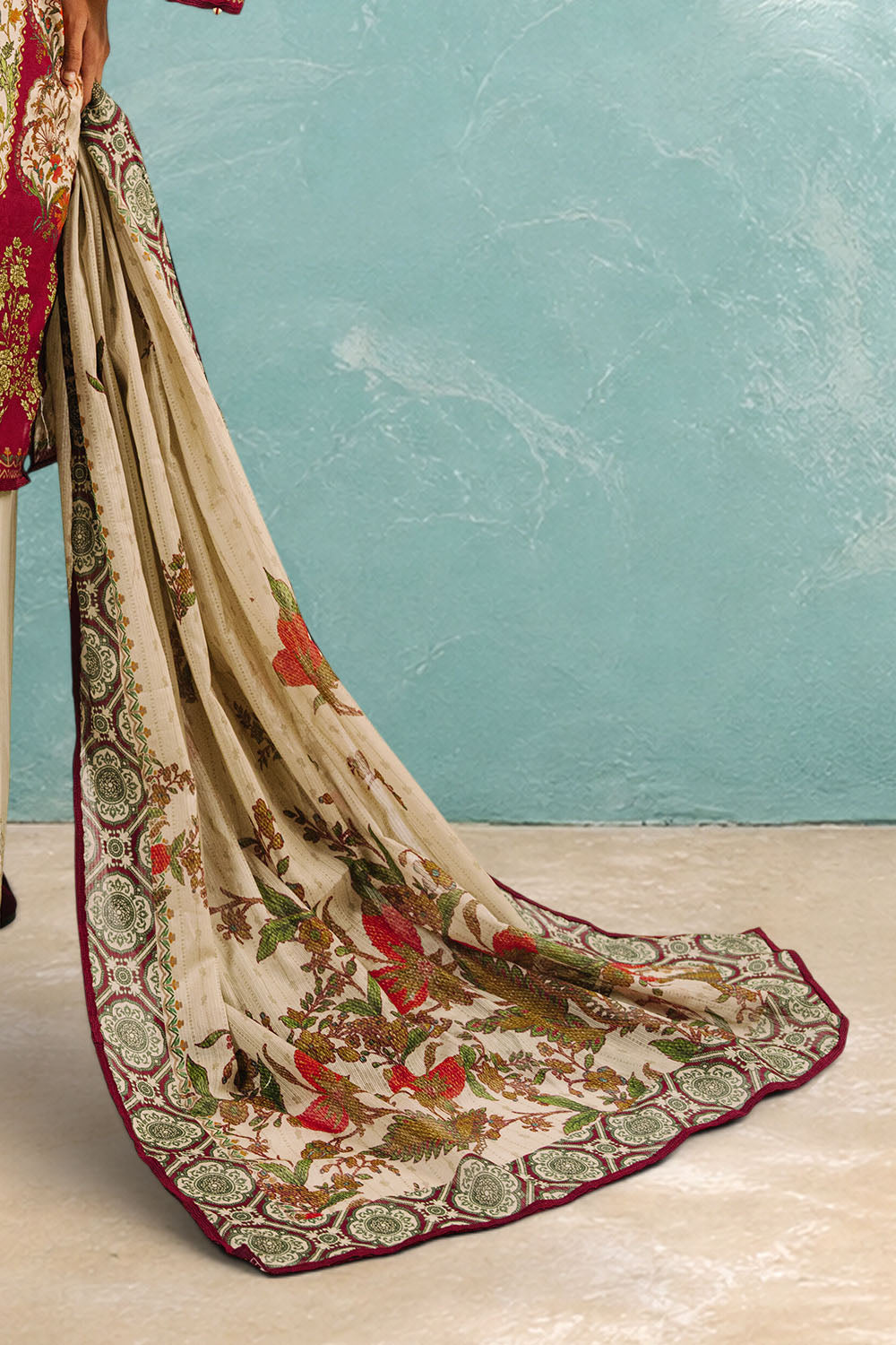 3 Piece Printed Cotton Suit with Printed Denting Lawn Dupatta and Embroidered Trouser