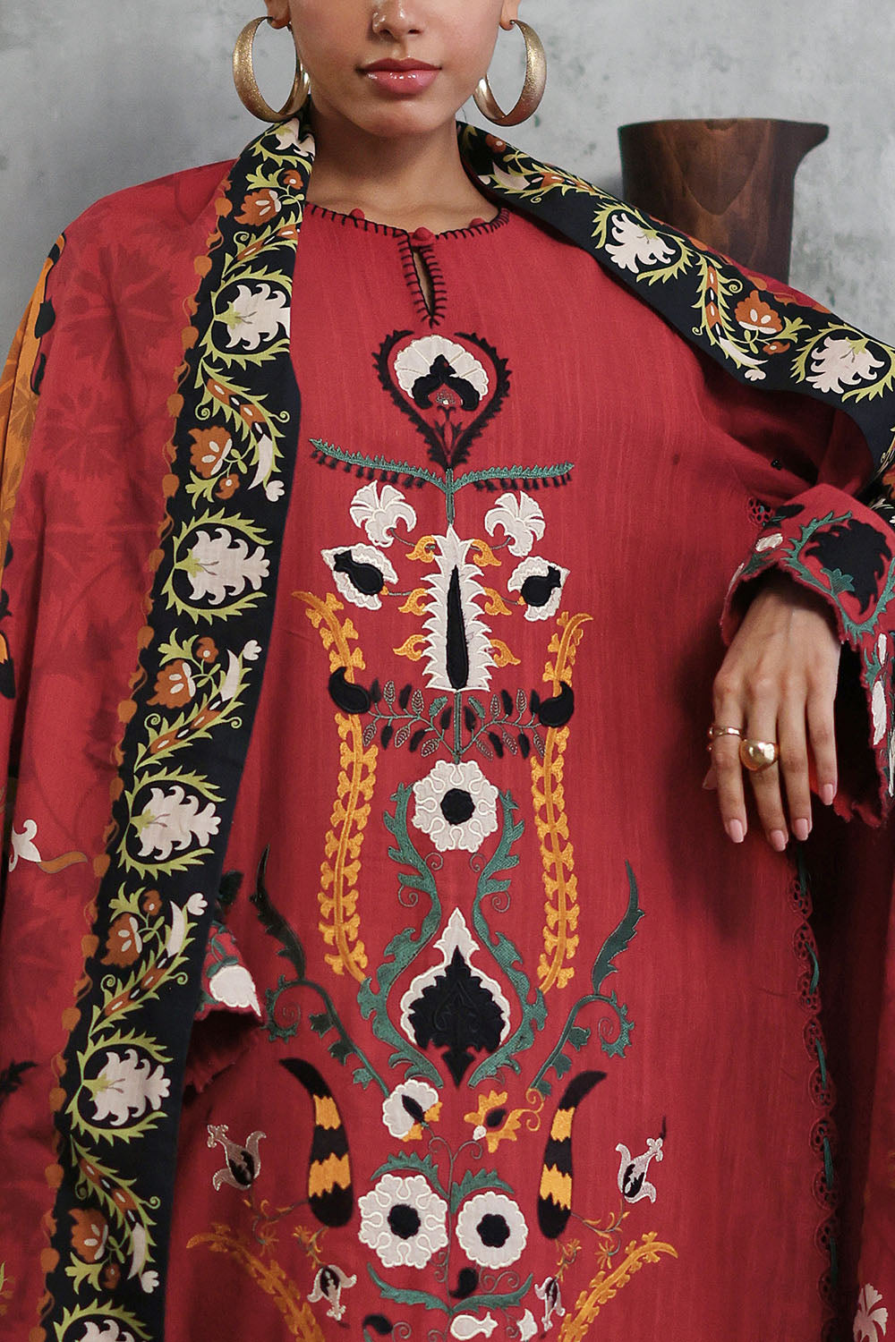 3 Piece Embroidered Khaddar Suit with Printed Khaddar Dupatta