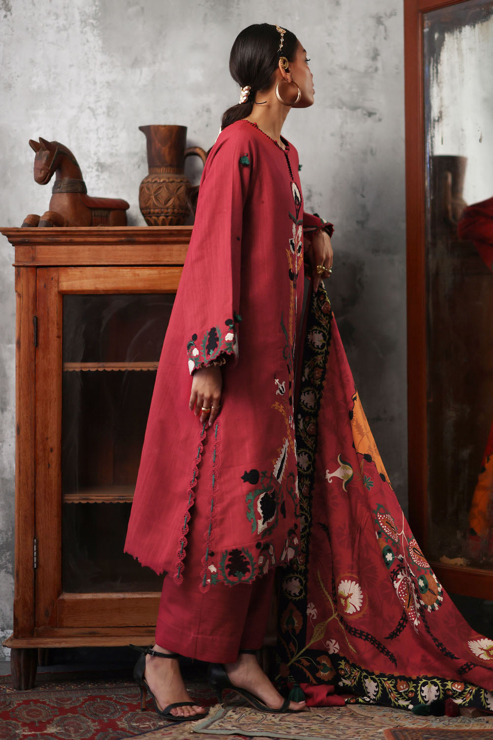 3 Piece Embroidered Khaddar Suit with Printed Khaddar Dupatta
