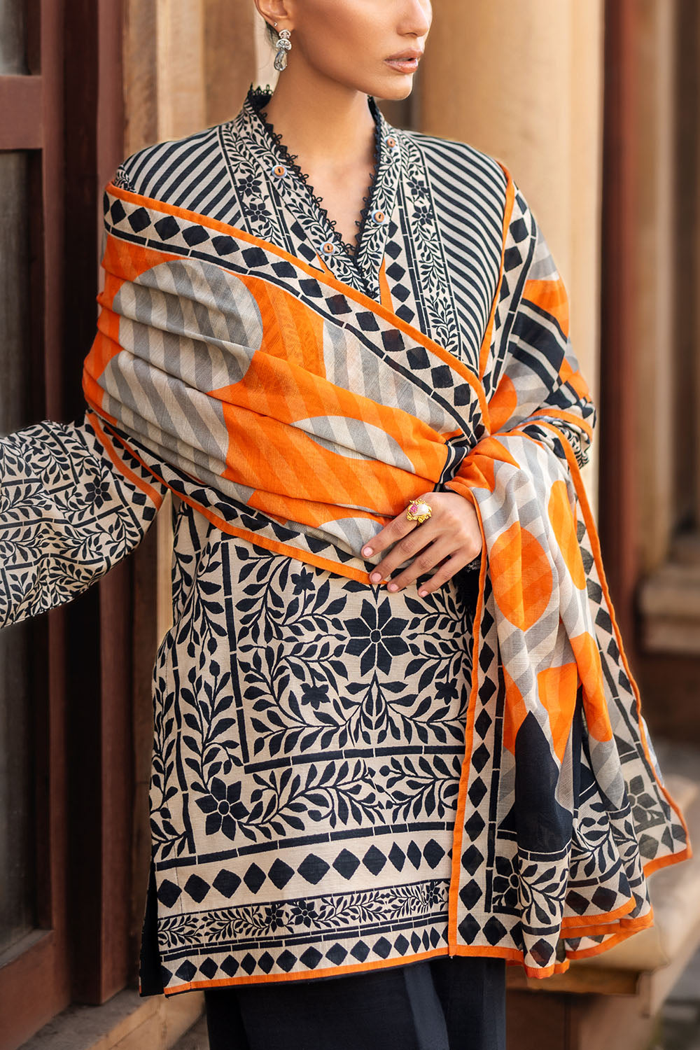 3 Piece Printed Khaddar Suit With Dupatta And Embroidered Trouser