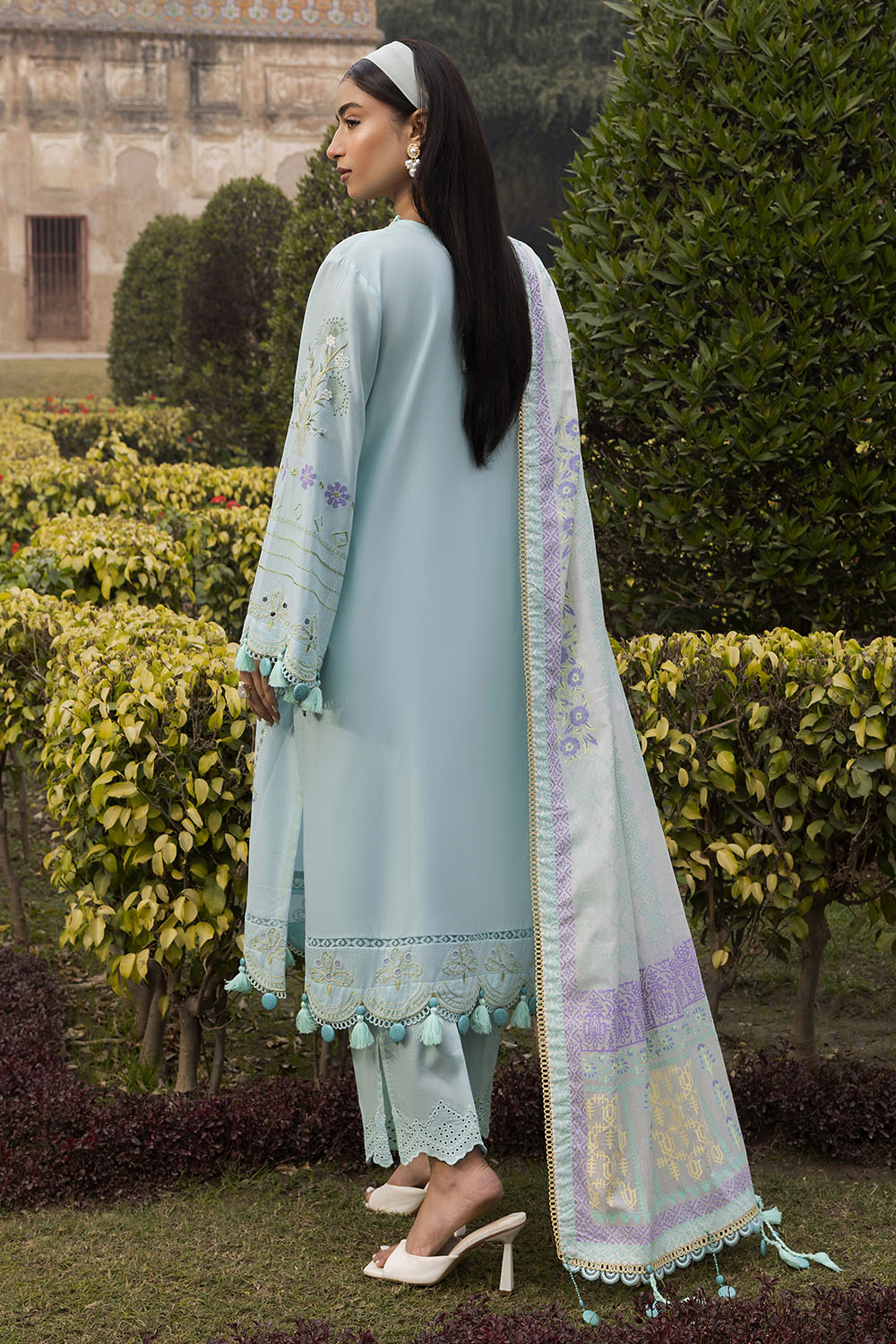 3 Piece Embroidered Lawn Suit With Lacquer Printed Denting Dupatta