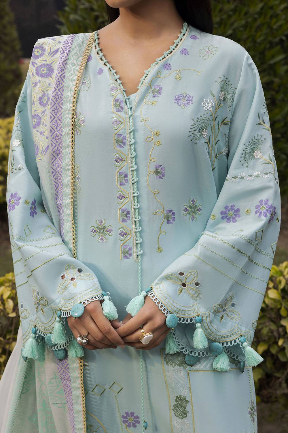 3 Piece Embroidered Lawn Suit With Lacquer Printed Denting Dupatta