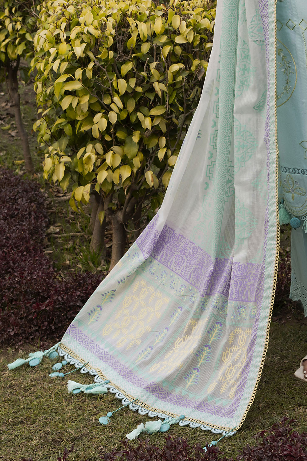 3 Piece Embroidered Lawn Suit With Lacquer Printed Denting Dupatta