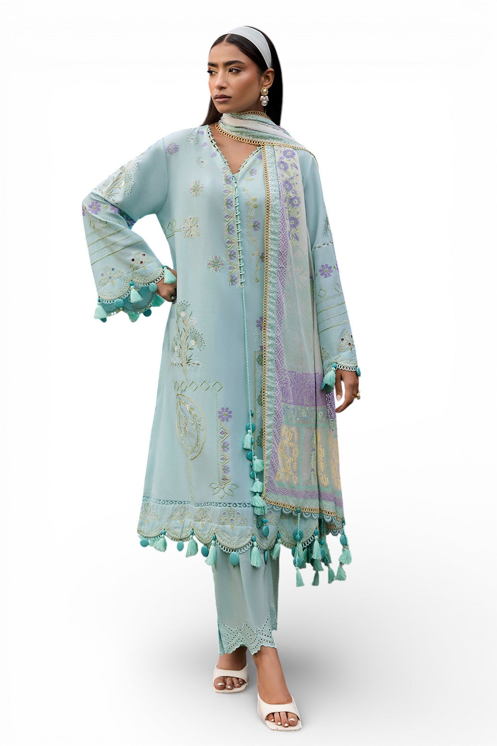 3 Piece Embroidered Lawn Suit With Lacquer Printed Denting Dupatta
