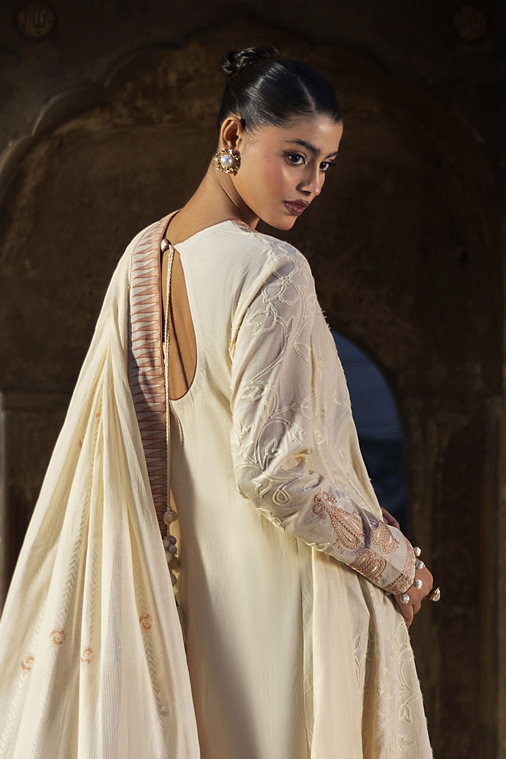3 Piece Embroidered Lawn Suit with Lacquer Printed Denting Dupatta