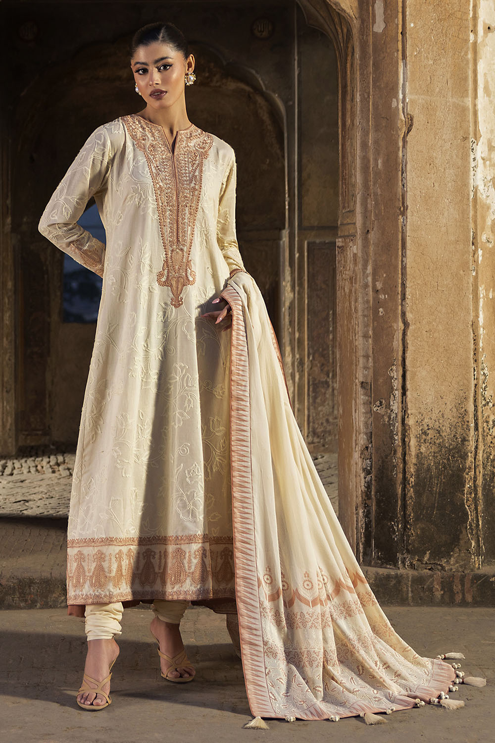 3 Piece Embroidered Lawn Suit with Lacquer Printed Denting Dupatta