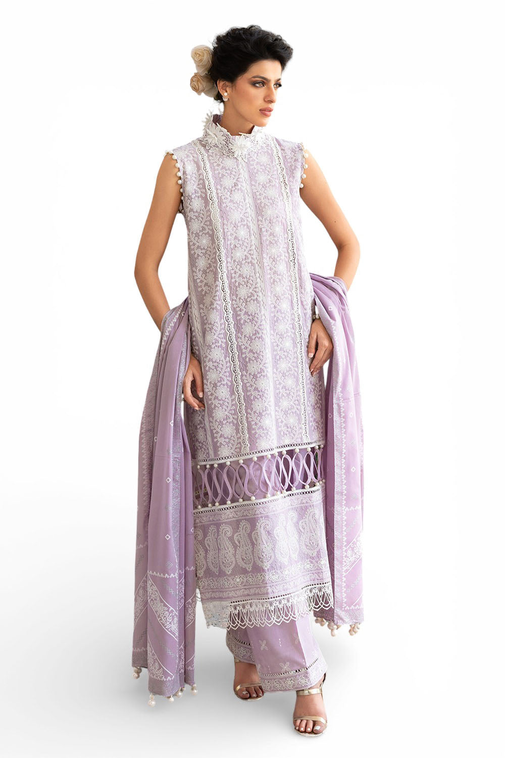 3 Piece Zari & Sequins Embroidered Lawn Suit with Silver & Lacquer Printed Dupatta