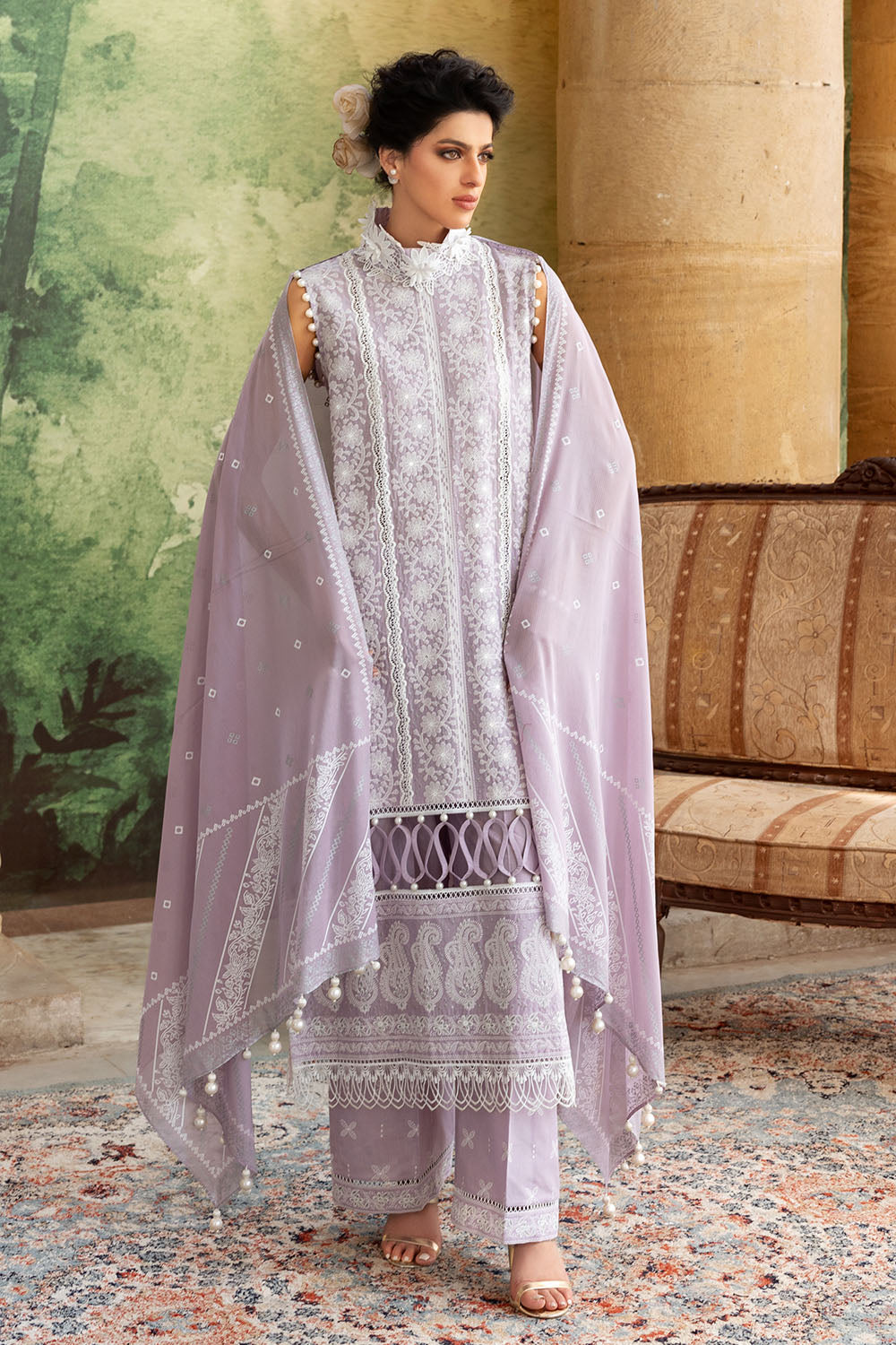 3 Piece Zari & Sequins Embroidered Lawn Suit with Silver & Lacquer Printed Dupatta