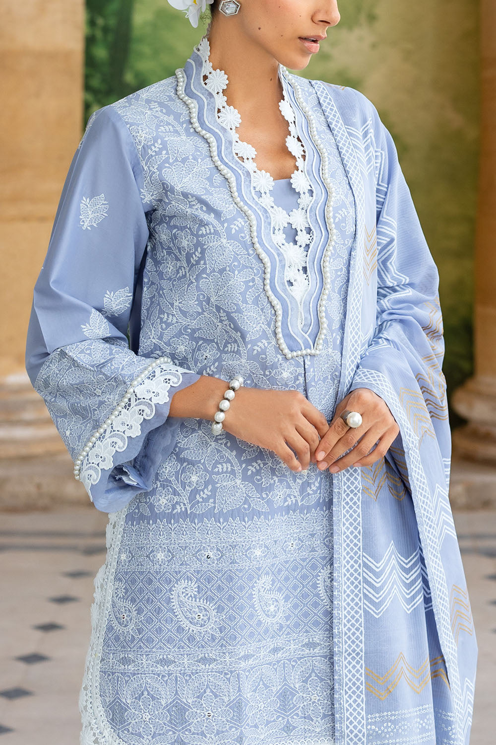 3 Piece Zari & Sequins Embroidered Lawn Suit with Printed Dupatta