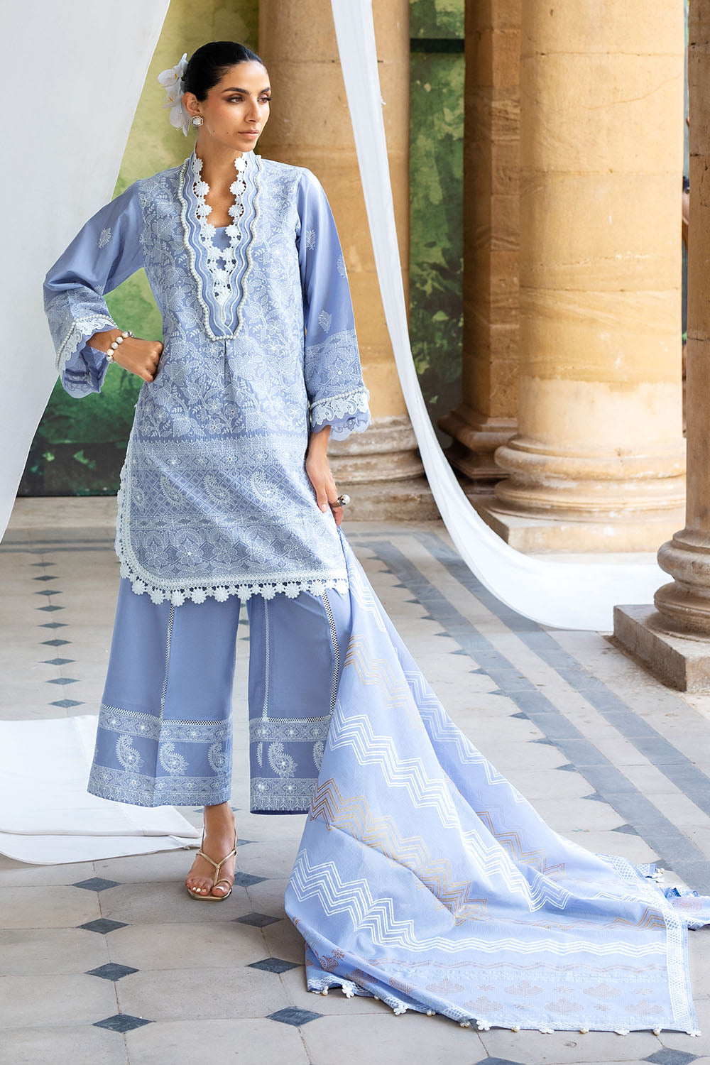 3 Piece Zari & Sequins Embroidered Lawn Suit with Printed Dupatta