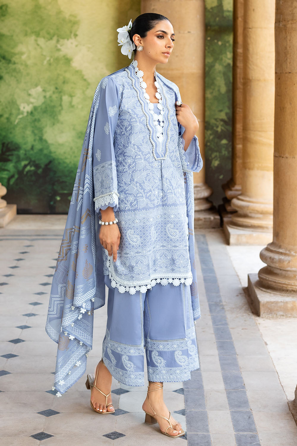 3 Piece Zari & Sequins Embroidered Lawn Suit with Printed Dupatta
