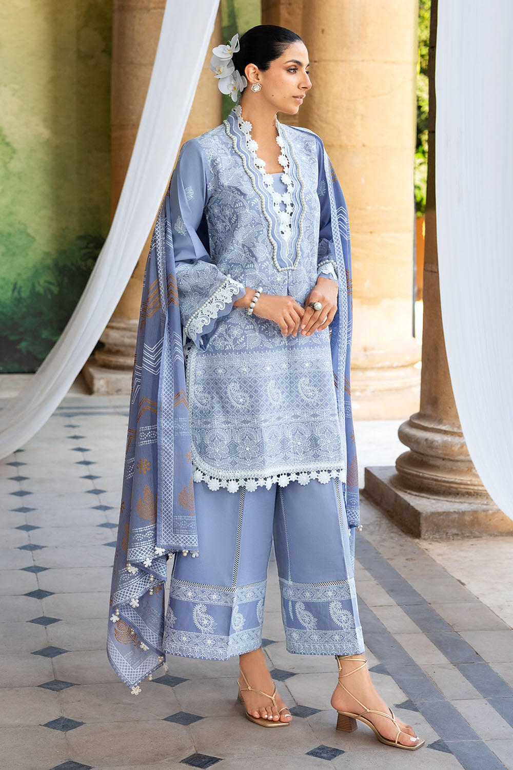 3 Piece Zari & Sequins Embroidered Lawn Suit with Printed Dupatta