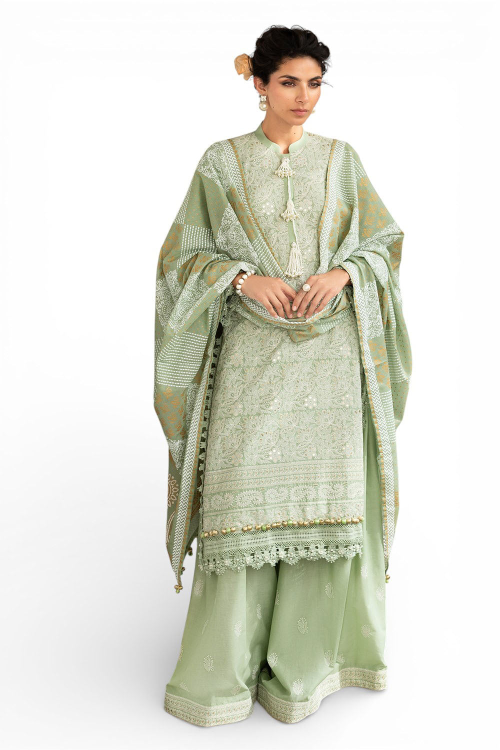 3 Piece Zari & Sequins Embroidered Lawn Suit with Gold & Lacquer Printed Dupatta