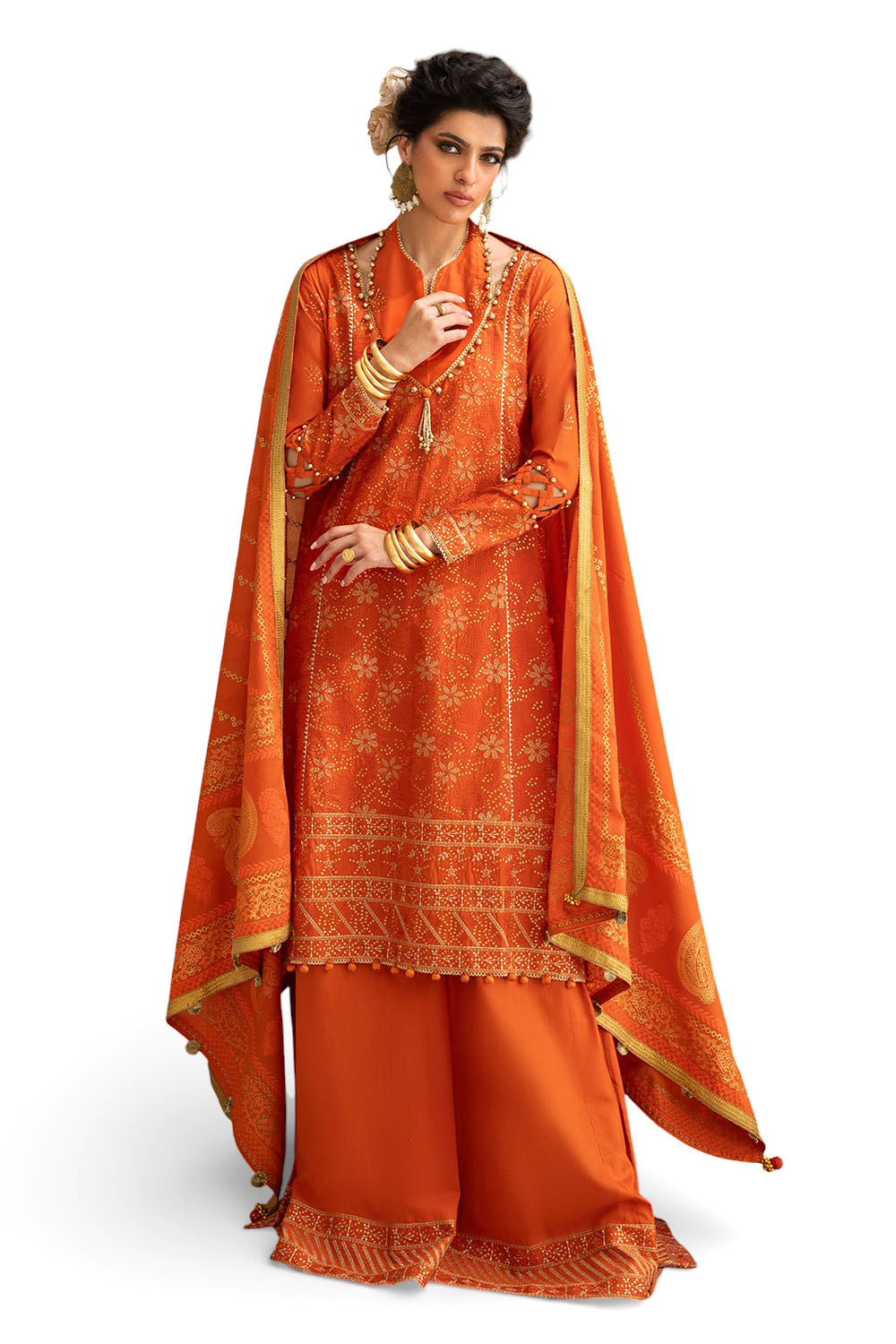 3 Piece Zari & Sequins Embroidered Lawn Suit With Gold & Lacquer Printed Dupatta