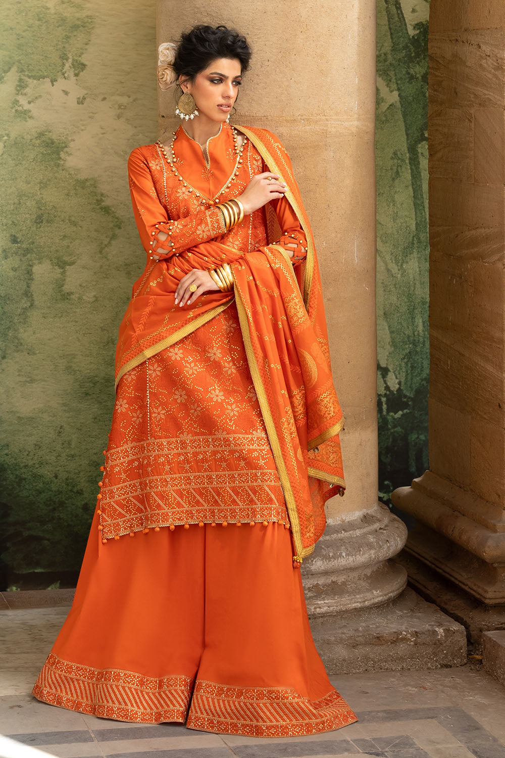 3 Piece Zari & Sequins Embroidered Lawn Suit With Gold & Lacquer Printed Dupatta