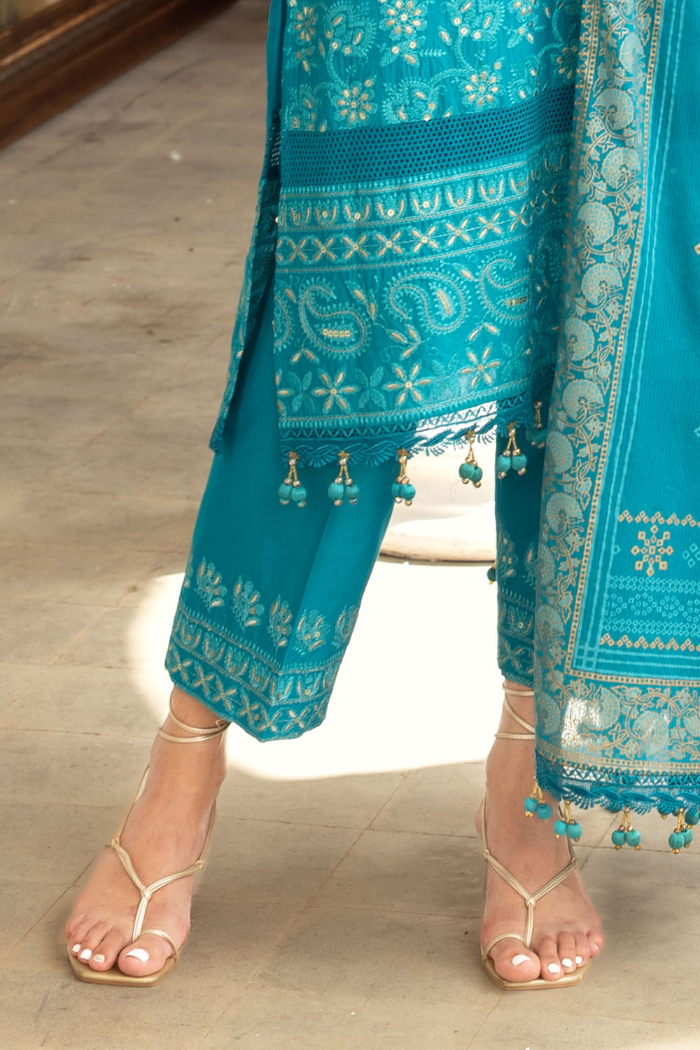 3 Piece Zari & Sequins Embroidered Lawn Suit with Gold & Lacquer Printed Dupatta