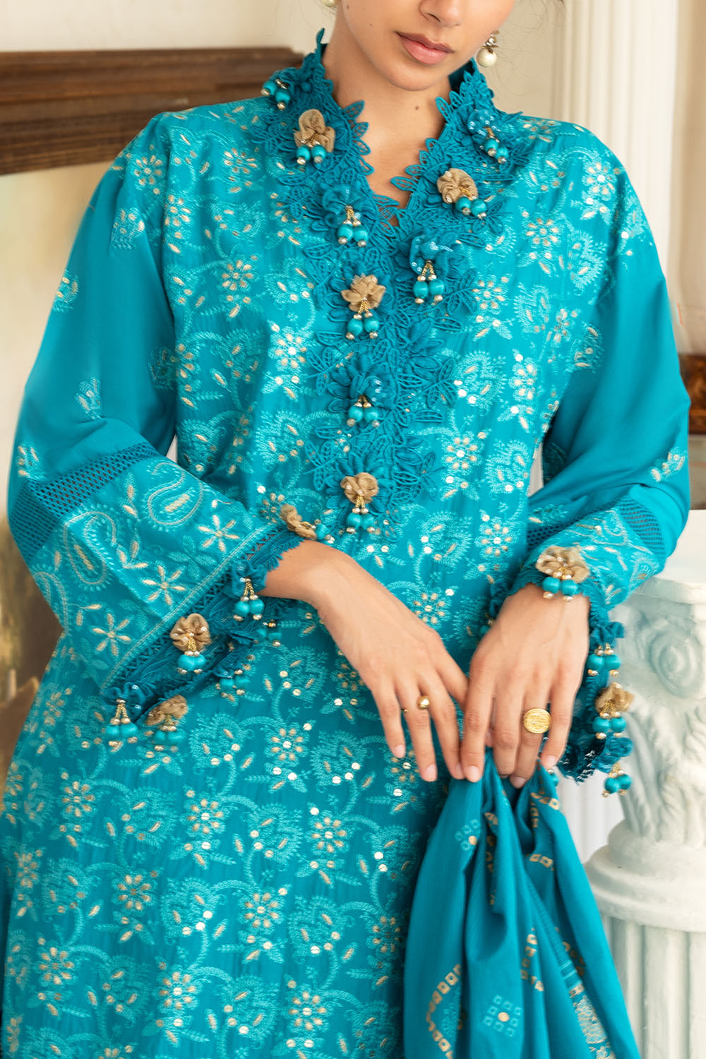 3 Piece Zari & Sequins Embroidered Lawn Suit with Gold & Lacquer Printed Dupatta